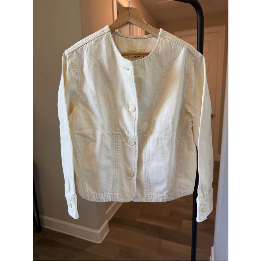 Everlane The Denim Barrel Jacket Calico Ecru Cream Collarless Denim Jacket S